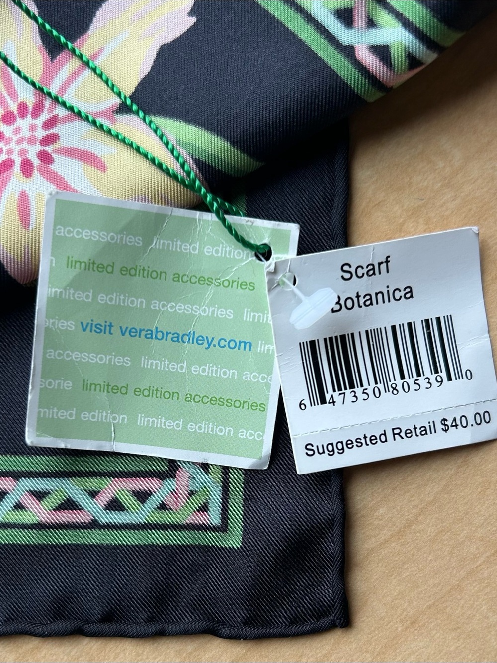 NEW Vera Bradley Black Silk Square Scarf Floral Botanical Print Pink Teal Green - Picture 2 of 5